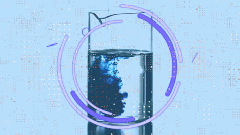 animación de ojos, círculos y líneas móviles sobre líquido que cae en un vaso lleno de agua.