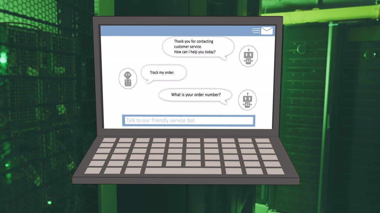 Animation of ai chat on laptop over computer server room