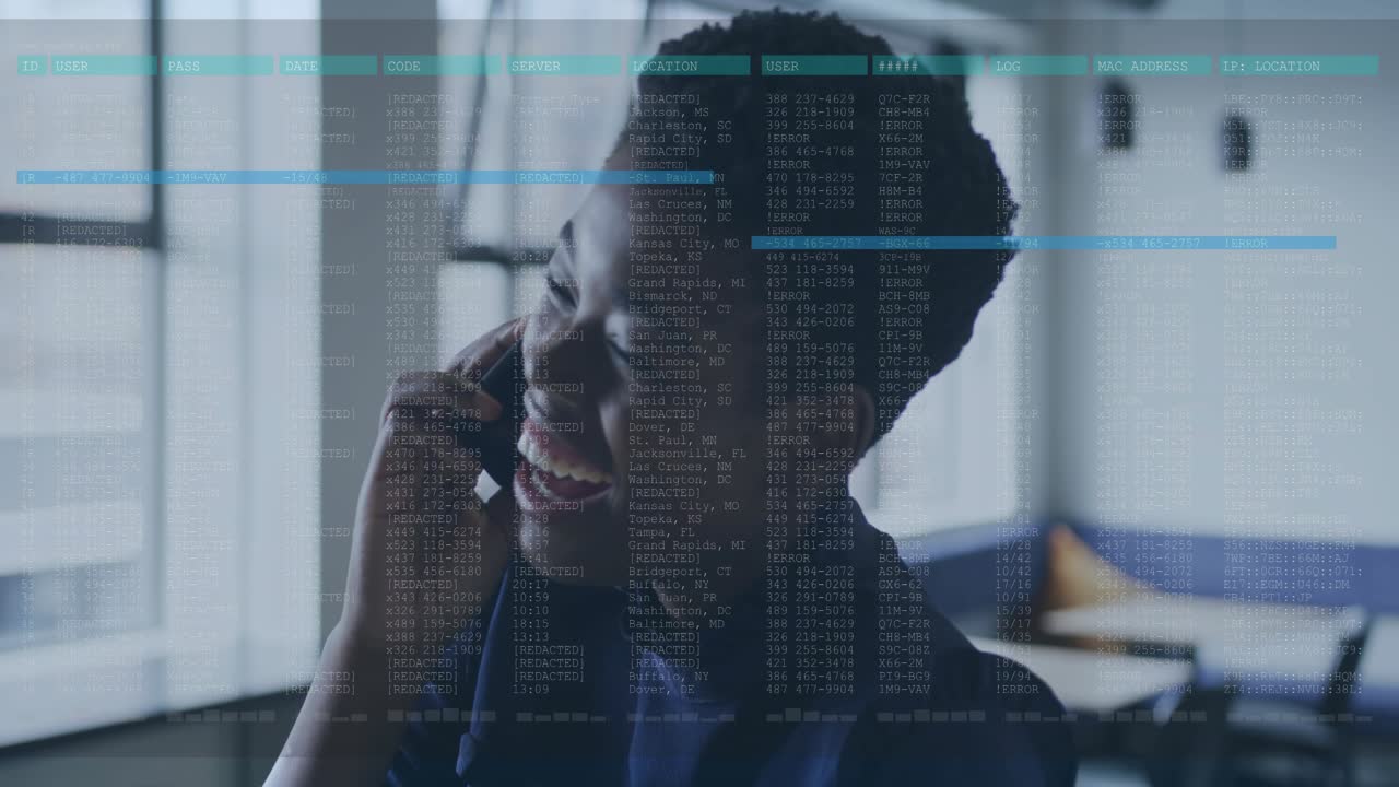 Office woman speaking on phone by window, starting call, activating blue code bars moving, laughing