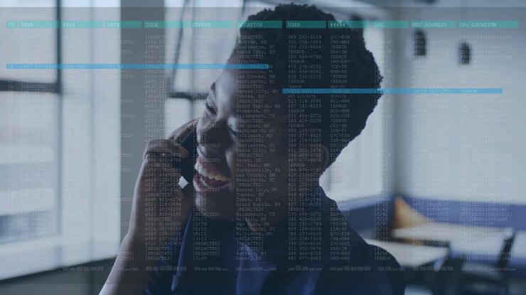 Office woman speaking on phone by window, starting call, activating blue code bars moving, laughing