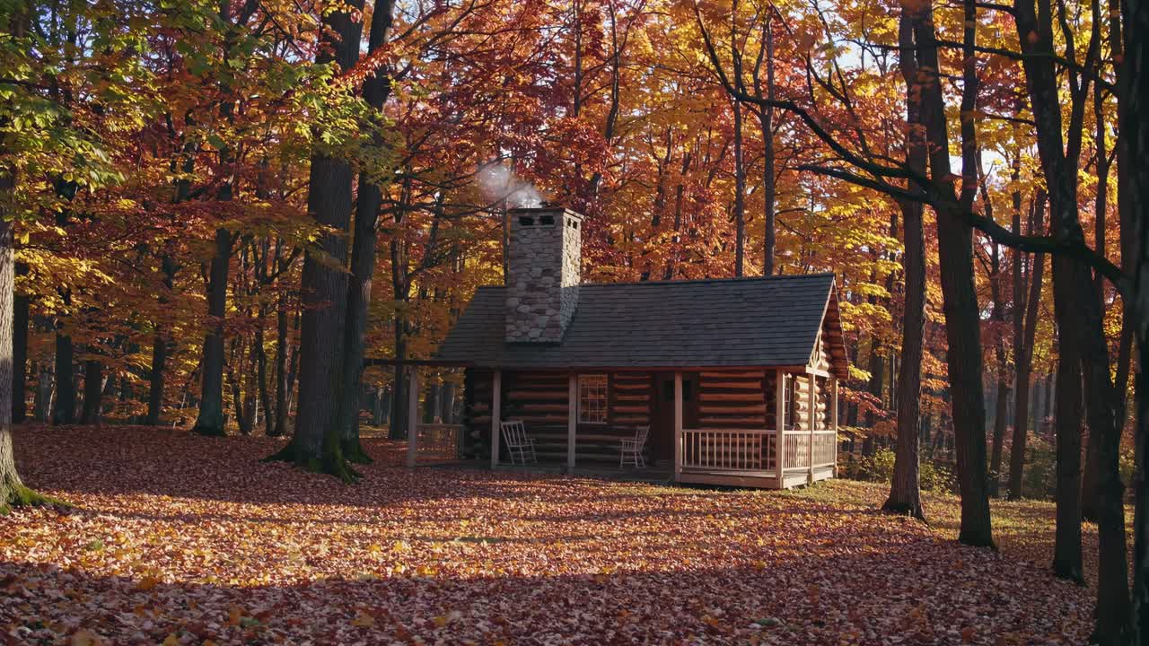 A cozy log cabin in an autumn forest, captured at eye level
