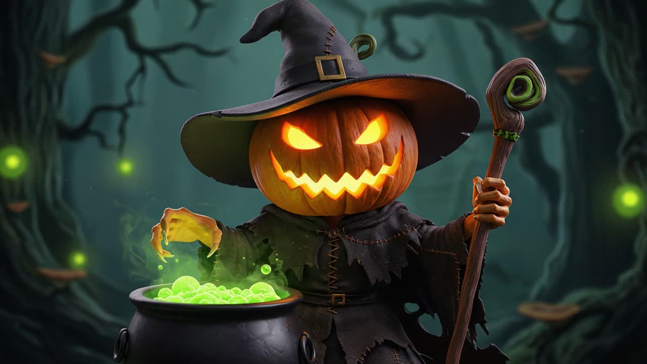 A Spooky Halloween Witch with a Jack-o'-Lantern Head Mixing Potions in a Mystical Forest, Surrounded by Glowing Orbs and Eerie Green Mist