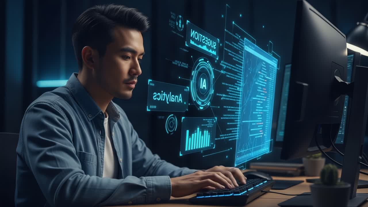 En fokusert person analyserer data i en høyteknologisk arbeidsplass, og bruker avansert analyse og kunstig intelligens-verktøy på doble skjermer, som viser digital innovasjon i praksis