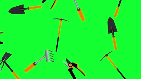 working gardening tools elements  animation, seamless loop on green screen chroma key
