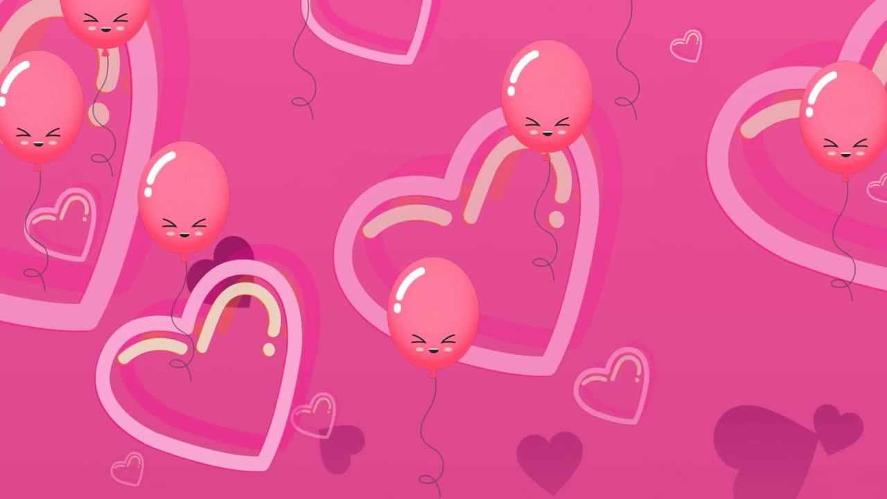 Animation of heats and balloons floating on pink background