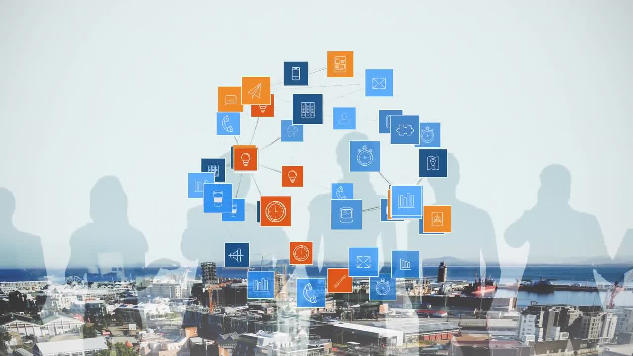 도시 풍경 위에 온라인 디지털 아이콘으로 형성 된 지구의 애니메이션