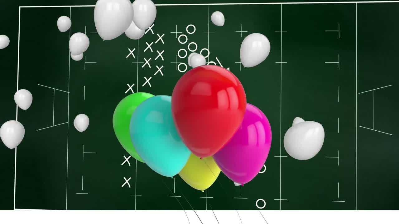 animación de globos sobre el dibujo del plan de juego sobre fondo verde