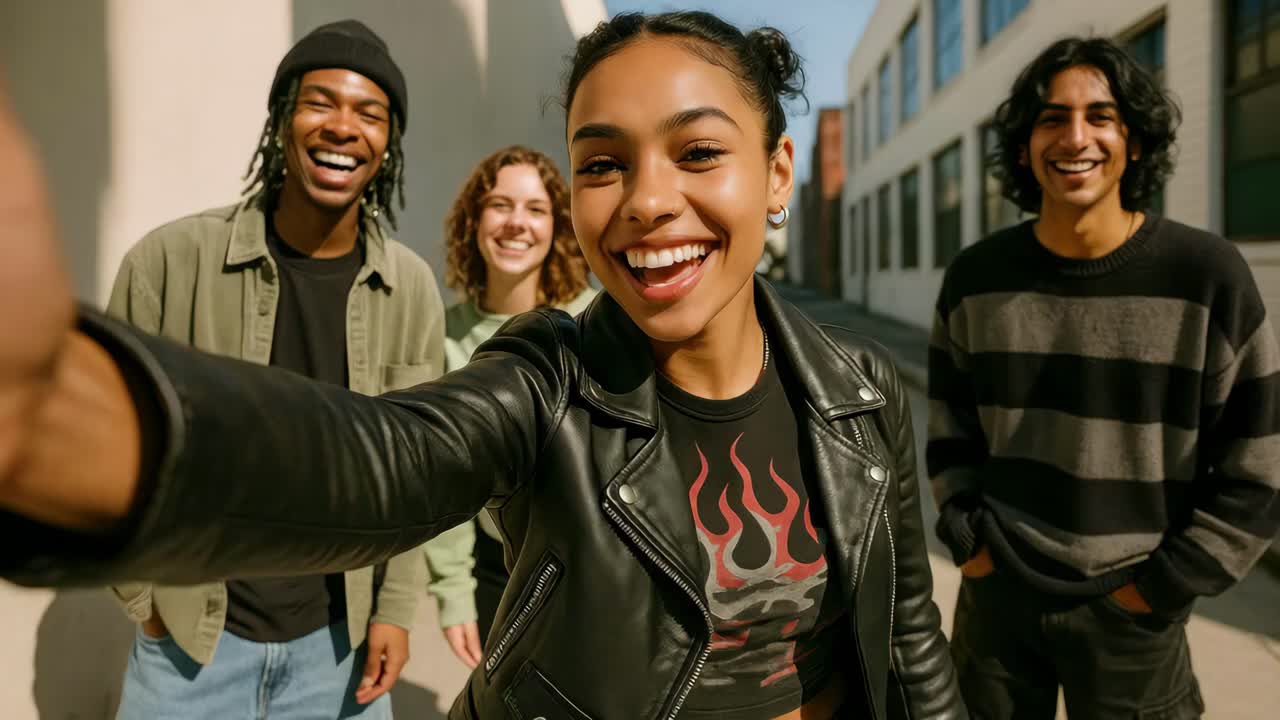 En livlig gruppevideo i selfie-stil fanger fire smilende venner udendørs