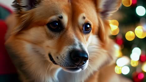 cute corgi sitting in front of a christmas tree