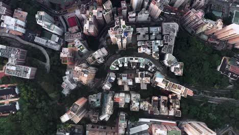 aerial bird's eye view of skyscrapers, stadium and busy roads of city in hong kong island, hong kong