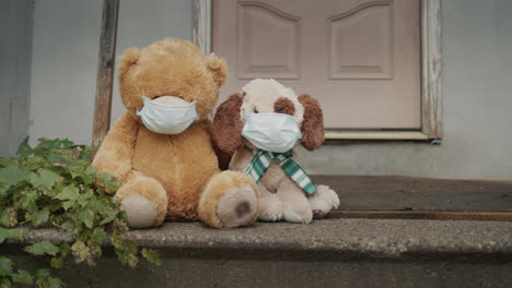 un par de juguetes - un oso y un perro con máscaras protectoras sentados en el porch en casa