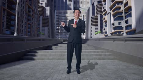 hombre de negocios señalando un paisaje urbano