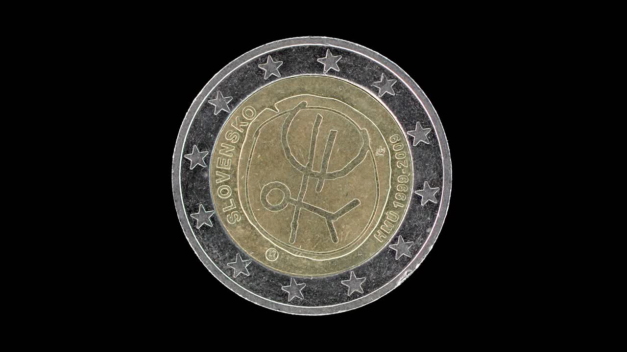 Slovakia 2009 2 euro obverse marking 10 years Economic and Monetary Union rotating on black background
