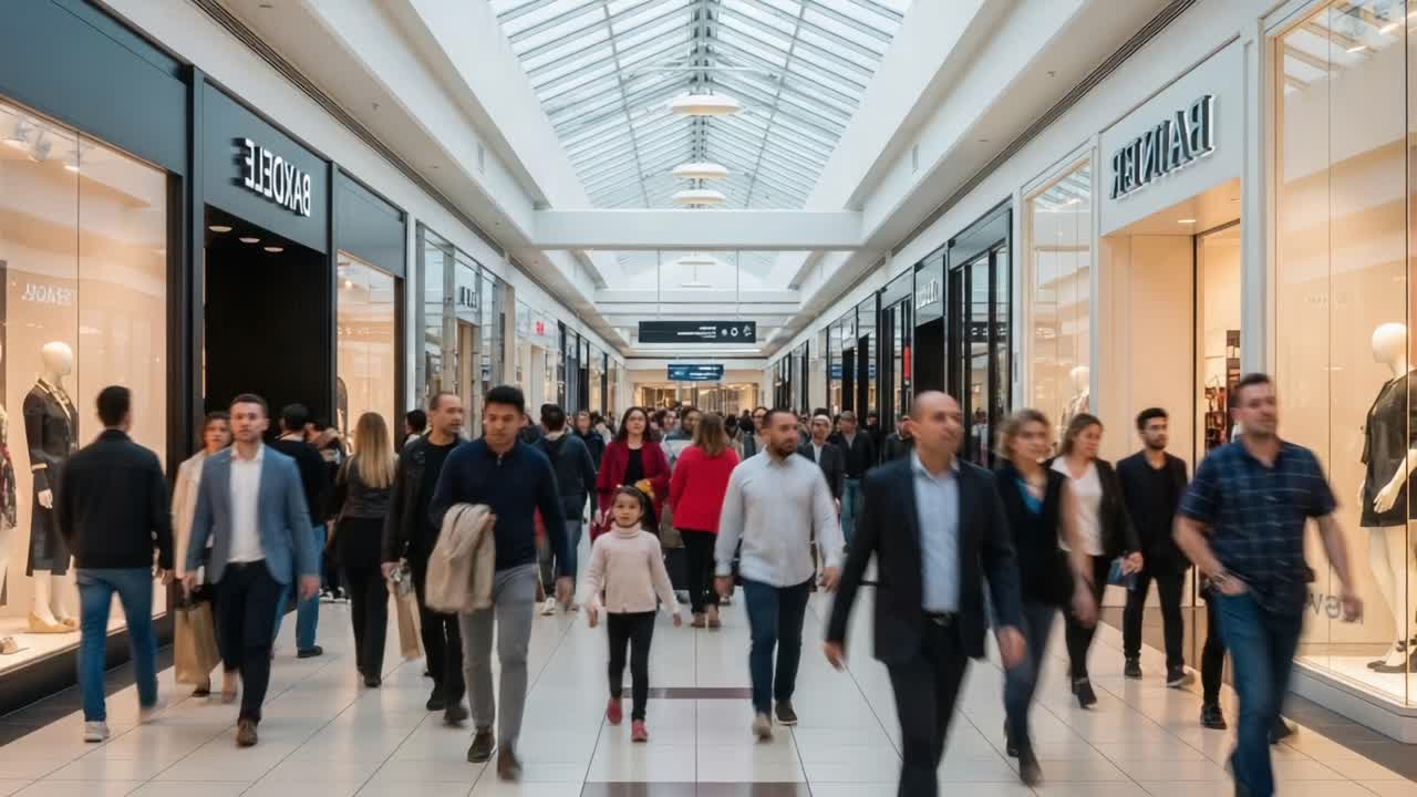 A Bustling Shopping Mall Experience: Crowds of Shoppers Navigating Through Modern Retail Spaces Under a Bright Glass Atrium