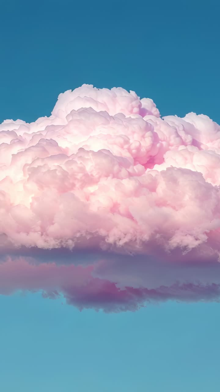 Vertical video: Shifting up, camera cropping pastel pink cumulus in blue sky, showing fine texture