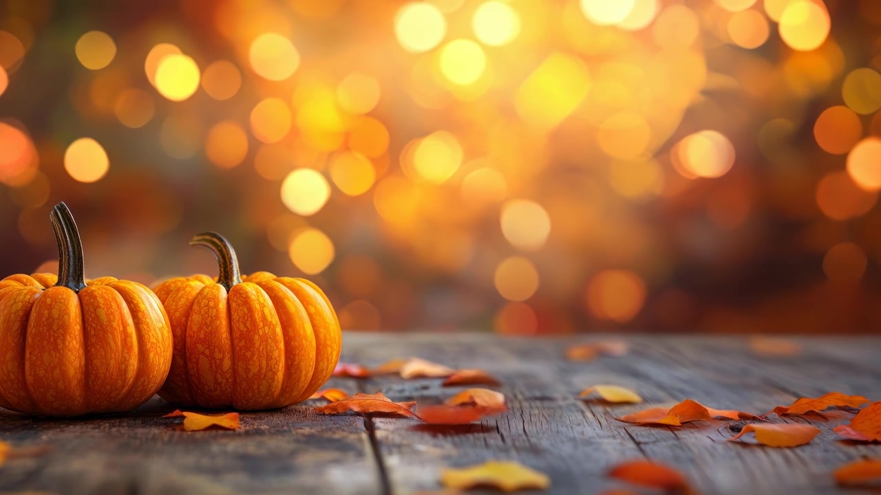Dos calabazas pequeñas sobre una mesa de madera rústica con hojas de otoño cayendo.