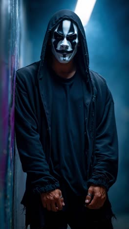 a man wearing a mask standing in front of a wall