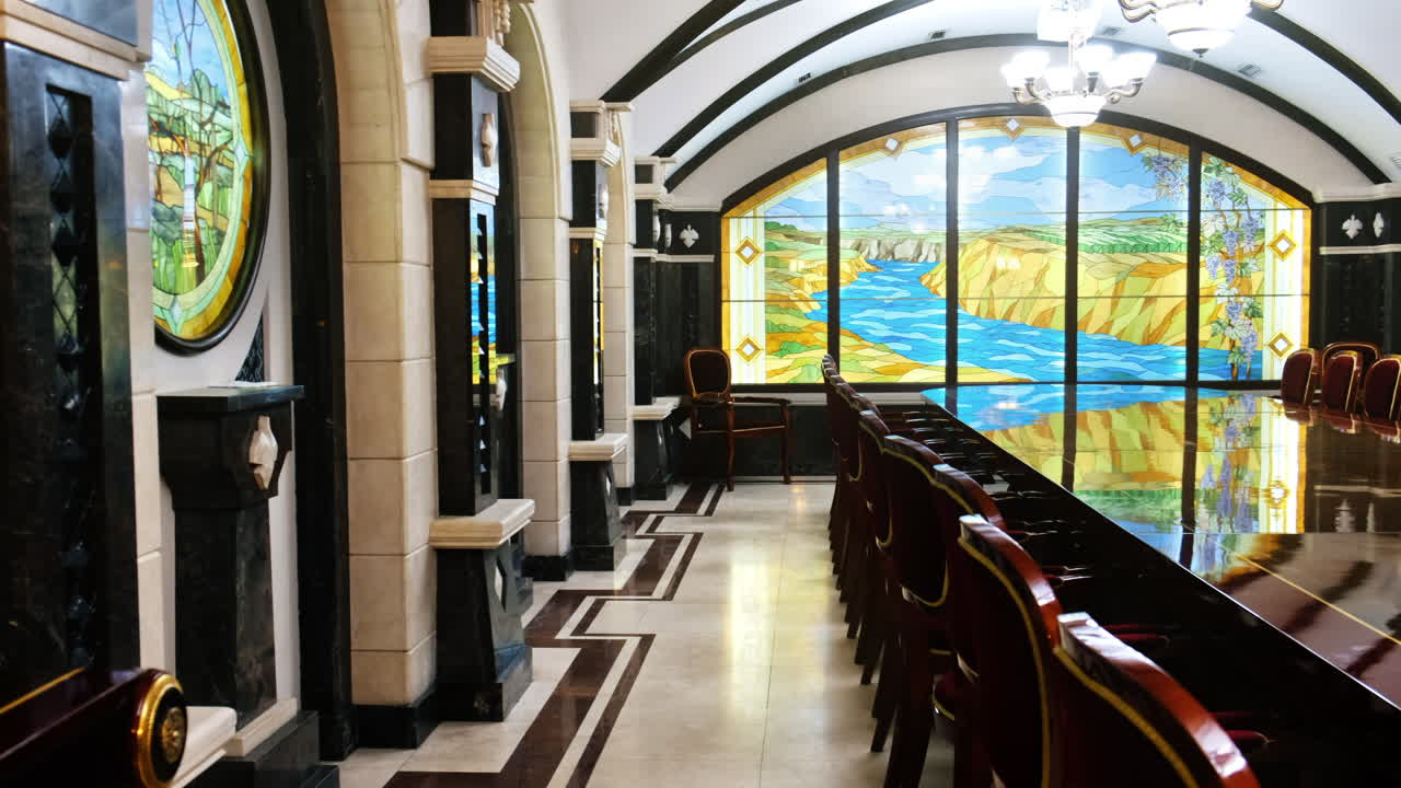 Office with table and chairs, stained glass windows at Cricova winery, Moldova