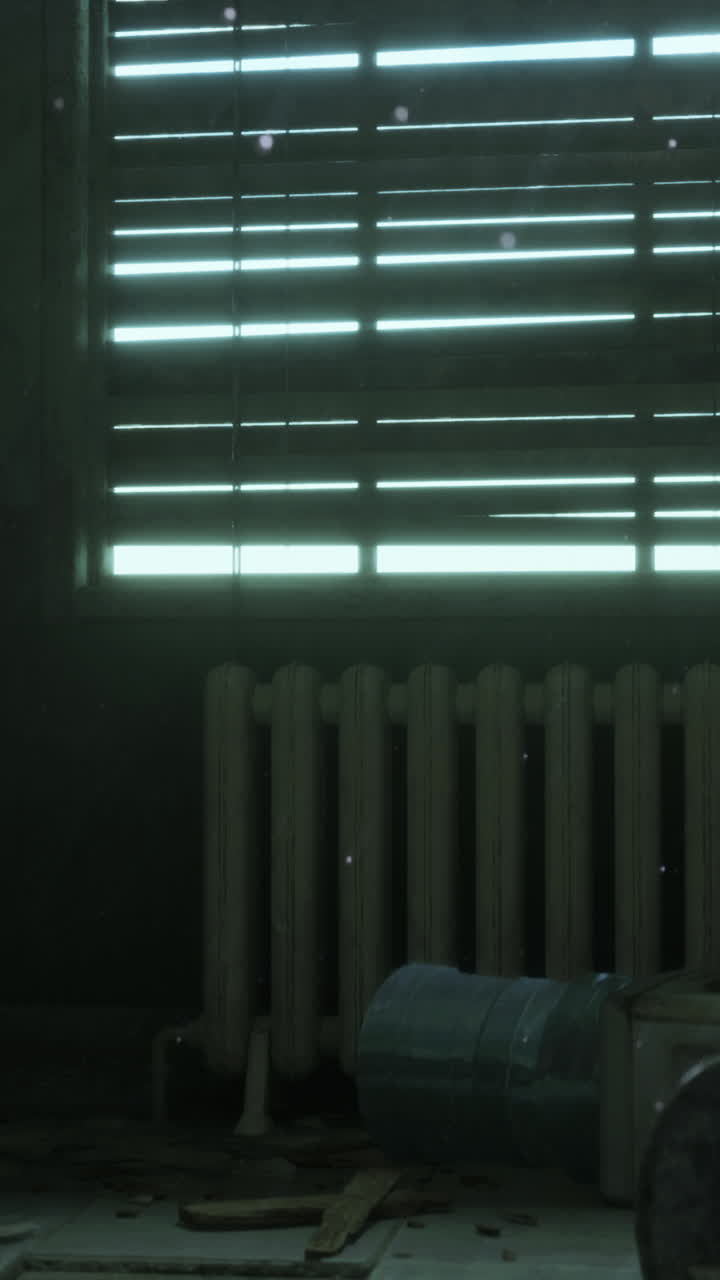 창문 장면과 라디에이터가 있는 먼지 가득한 버려진 방