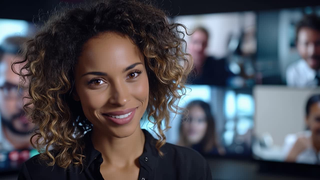 Warm smile fills her face as she leads a video call. Curly hair frames her joyful expression during a team meeting. Multiple participants appear on screens behind her