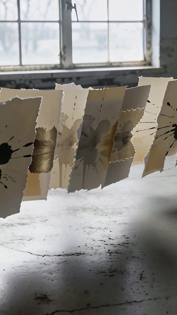 Vertical video: Moving from window breeze torn inked paper sheets tilting above cracked floor