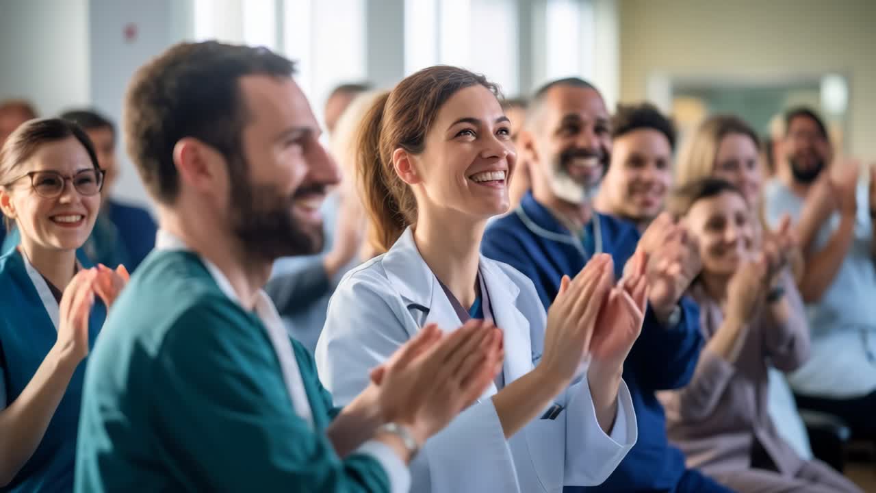 A lively group of medical professionals clapping in a bright room, captured from a front angle