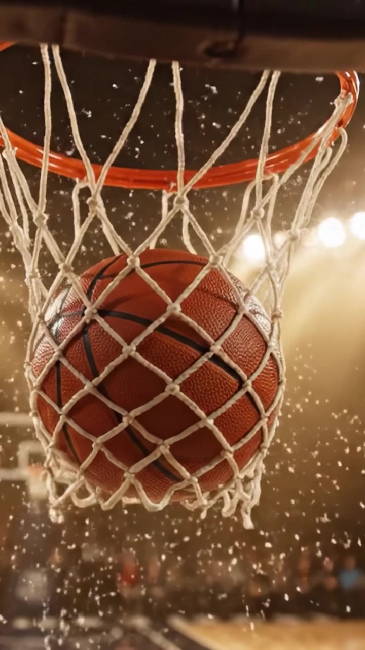 Un Primo Piano di un Canestro da Basket, che Cattura l'Intensità e l'Eccitazione del Gioco con Luci che Creano un'Atmosfera di Attesa ed Energia