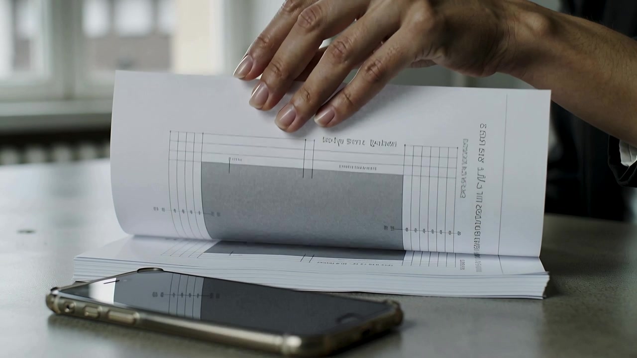 Reaching, woman in dark blazer flipping printed diagrams at office table for review, smartphone