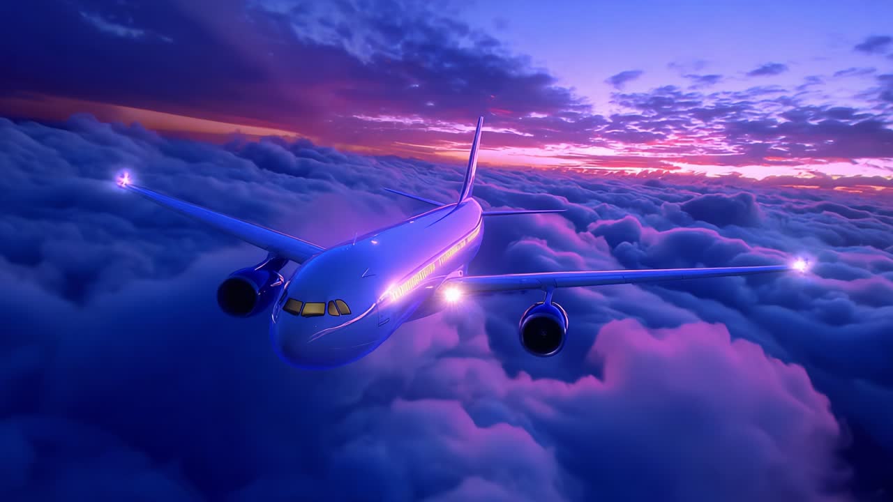A majestic aircraft soaring high above the clouds during the twilight hours, showcasing vibrant hues of purple and orange in the sky while illuminated by shining lights as it captures the essence of flight