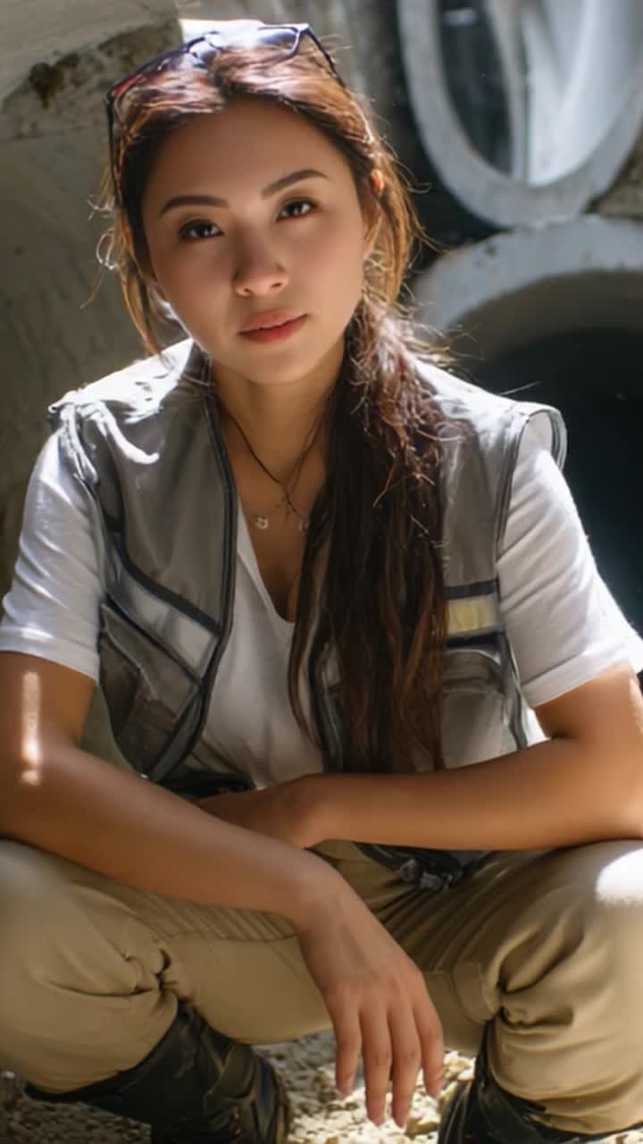 A confident woman dressed in a casual outfit exudes strength and determination as she poses thoughtfully in an underground setting, capturing a moment of reflection