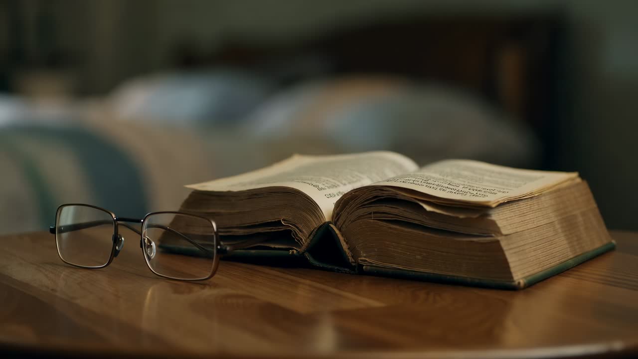 Acquisizione di un libro aperto e occhiali in metallo sul comodino, con la camera che stringe la messa a fuoco per mostrare le pagine ingiallite