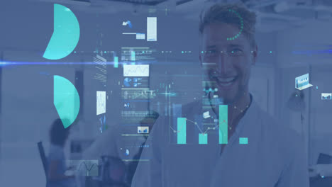 Animation-of-screens-with-statistical-data-processing-against-caucasian-man-smiling-at-office