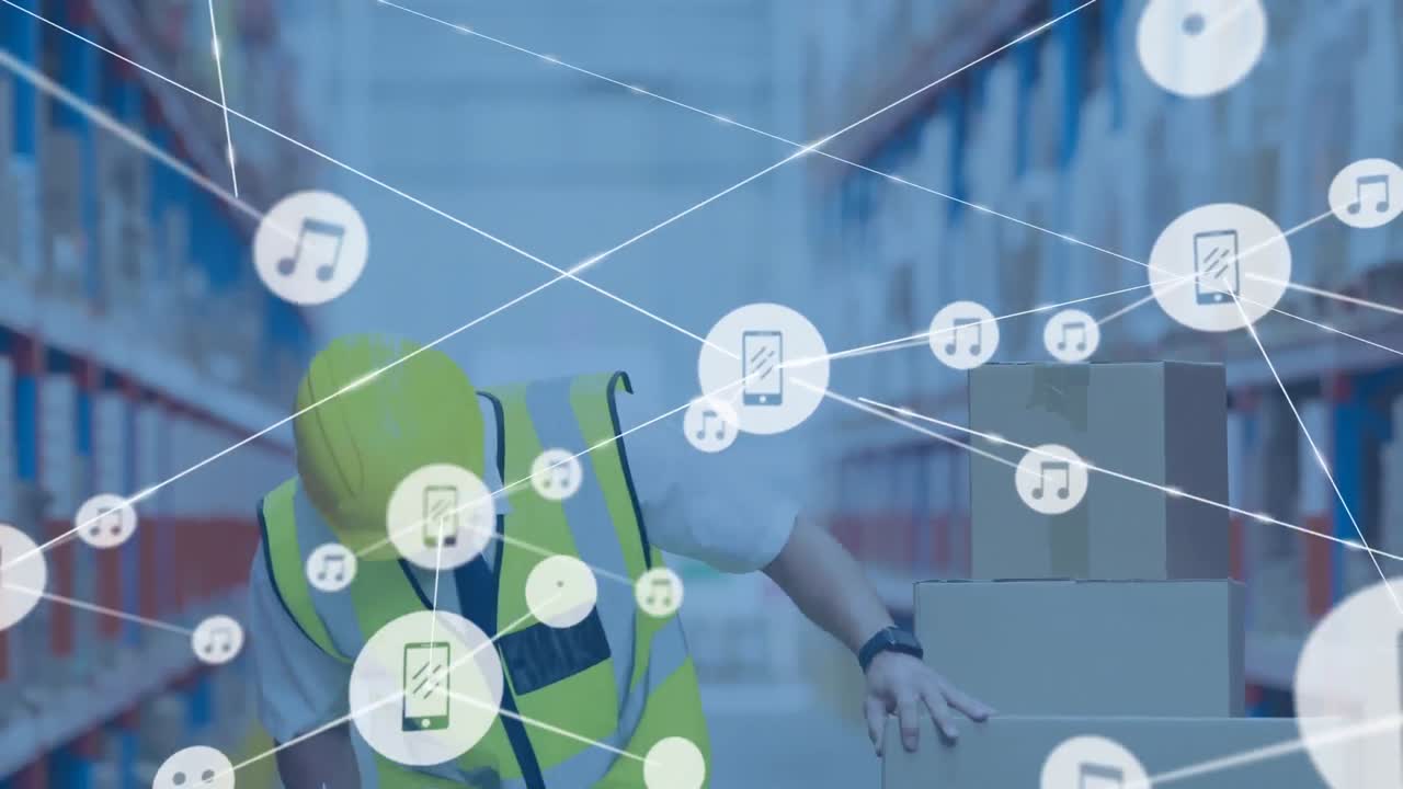 디지털 아이콘의 네트워크 백인 남성 감독자와 클립보드 창고에서 재고를 확인