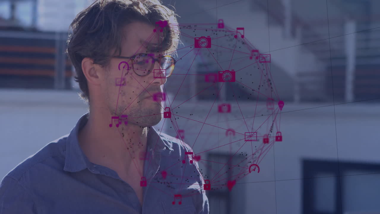 Man wearing glasses viewing cybersecurity overlay on balcony, showing padlock and envelope icons