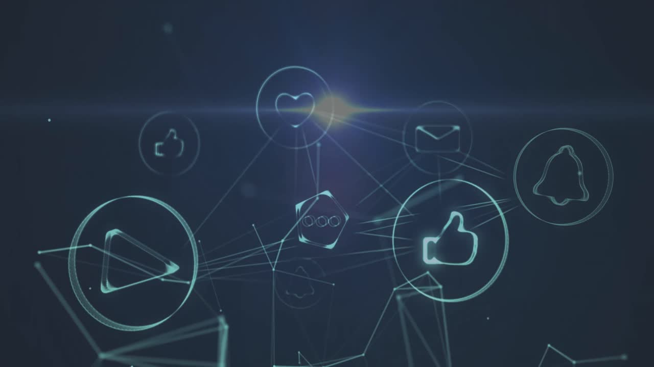 소셜 미디어 아이콘과 연결된 애니메이션이 어두운 배경에 빛이 움직입니다.