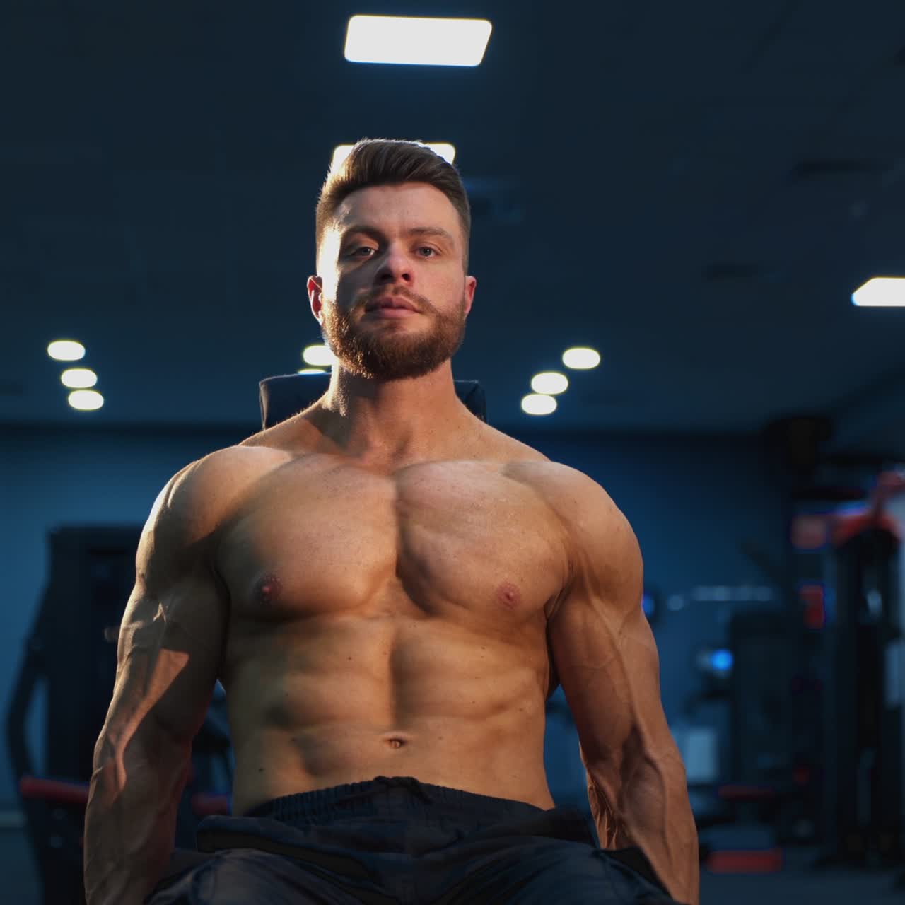 Portrait of a handsome sportsman training in gym. Young bearded sportive guy without shirt sitting in chair and pumping his arm muscles with heavy dumbbells