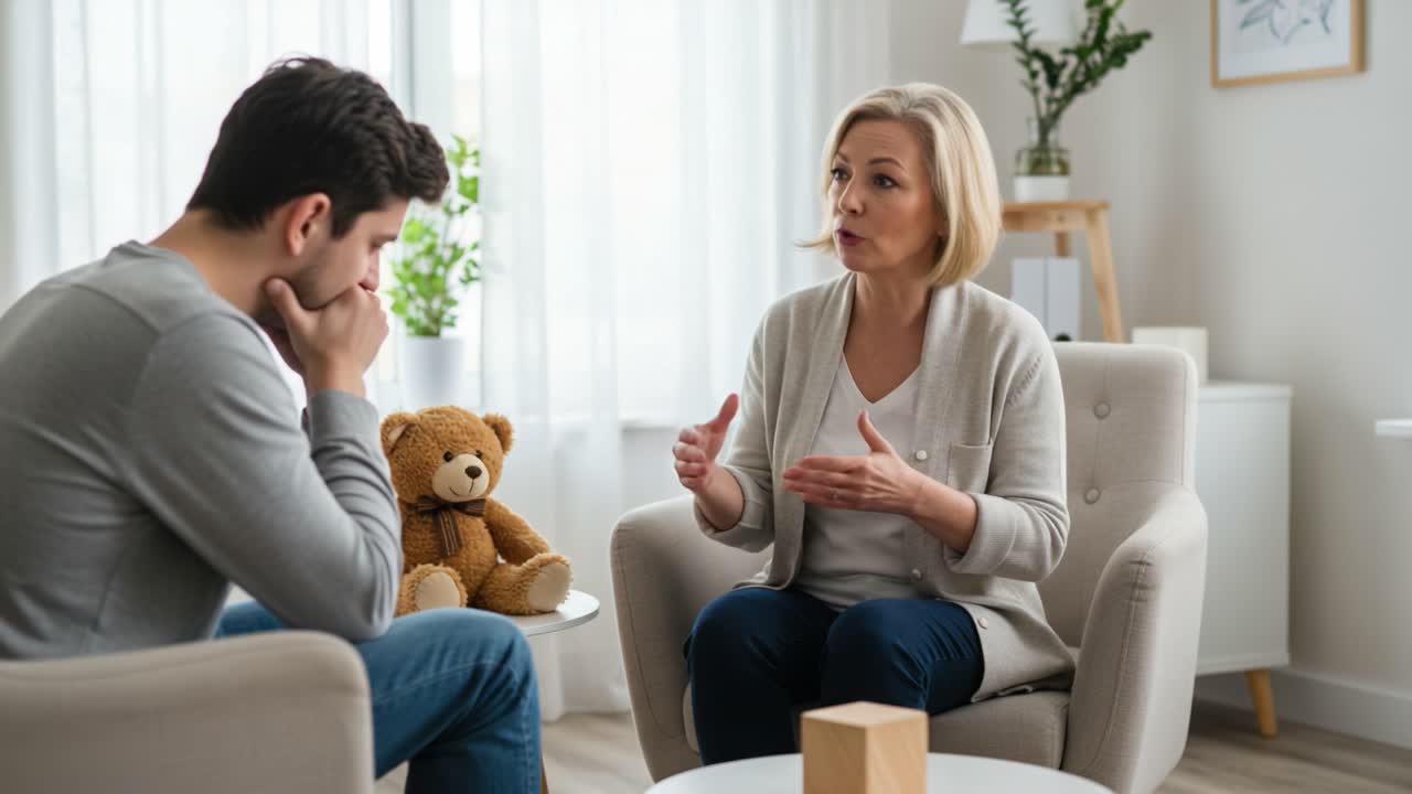 Terapeutisk dialog: En indsigtsfuld samtale mellem en rådgiver og en klient, der udforsker følelser og udfordringer med en trøstende tilstedeværelse af en bamse