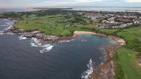 landscape of little bay beach in sydney, new south wales, australia - aerial pullback