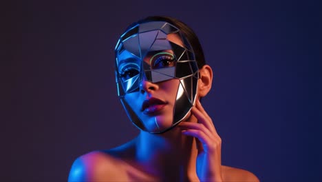 a mystical transformation: captivating beauty with a reflective geometric mask, highlighting unique expressions under enchanting lighting