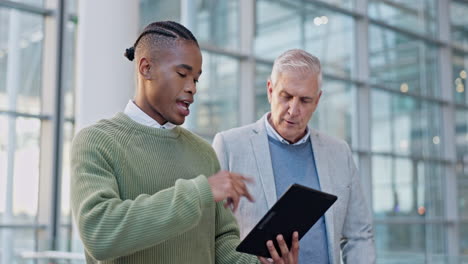 tablet, discussion and manager talking to