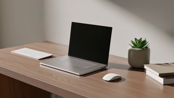 Minimalistischer Arbeitsplatz mit Laptop und Grünpflanze.