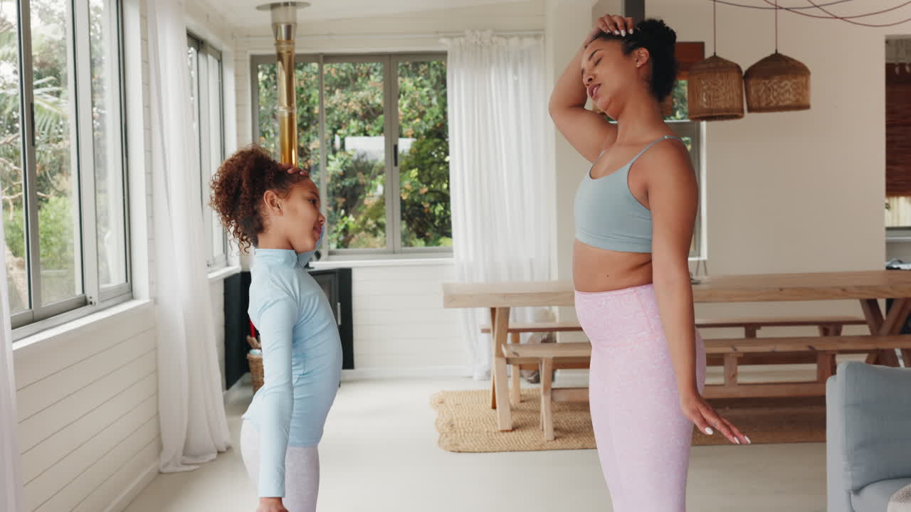 Mother, kid and stretching neck for exercise