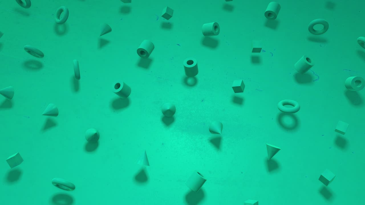 3D animation of a seamless contour background of sunny bright mint, turquoise cubes, bagels, cylinders, rotating. Great for presentations. Put your own text in it