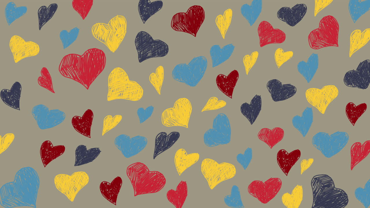 Cute crayon drawn hearts pattern. Colored doodle rough hearts for Valentine's day. Love looped animation. Hand drawn romantic elements.
