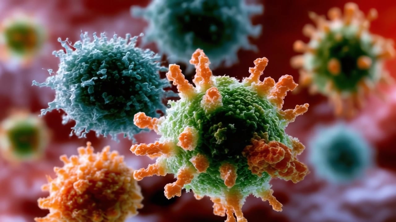 Visualizzazione microscopica di virus: Un'osservazione dettagliata delle strutture virali e delle loro interazioni all'interno di un ambiente ospite.