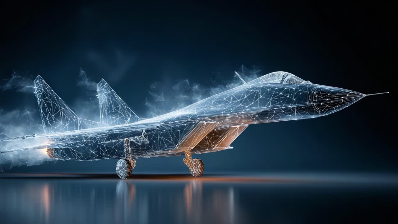 Futuristic Fighter Jet Visualization: A Stunning Digital Representation of a Modern Aircraft in Dynamic Motion Depicting Intricate Wireframe Design with Smoke Effects