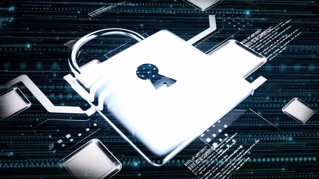 scrolling code starting central square morphing into glowing padlock symbolizing digital security