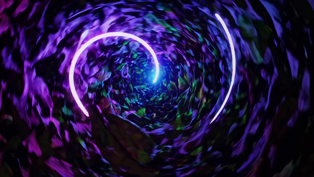 Vibrant Neon Light Morphing Through a Leafy Tunnel Loop