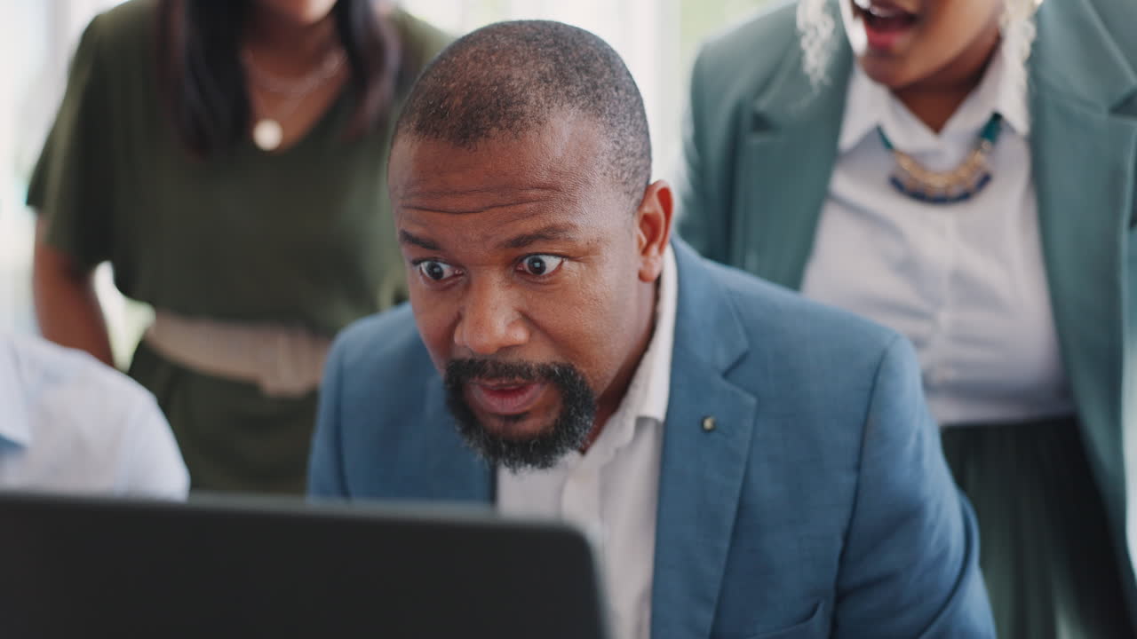 Business people, laptop or success clapping