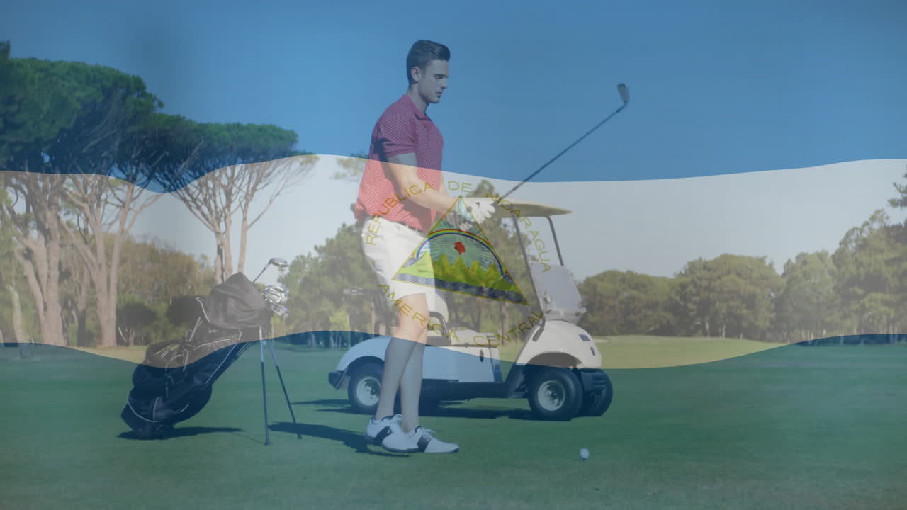 Male golfer swinging iron club on fairway, overlay showing sports analytics and flag graphic